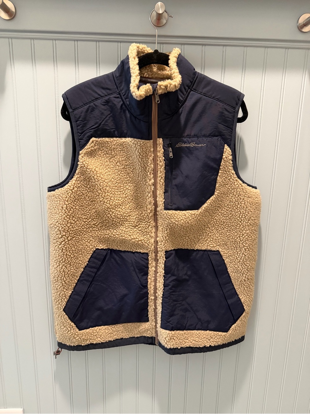 Eddie Bauer Navy and Cream Sherpa-Lined Vest
